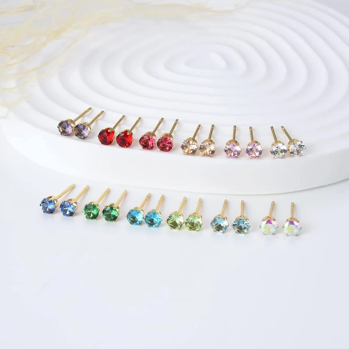 12 Pairs 18K Gold Plated Surgical Stainless Steel Stud Earring, Cubic Zirconia CZ Stud Earrings for Women, Multicolor Birthstone Stud Earrings Set