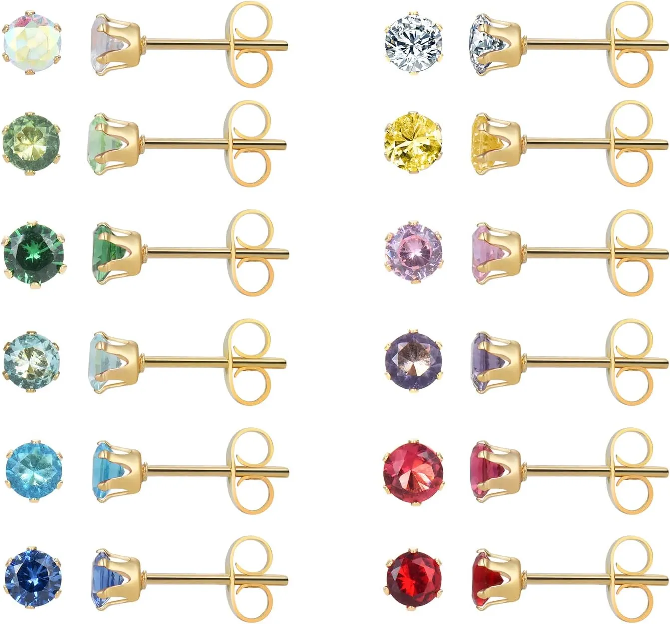 12 Pairs 18K Gold Plated Surgical Stainless Steel Stud Earring, Cubic Zirconia CZ Stud Earrings for Women, Multicolor Birthstone Stud Earrings Set