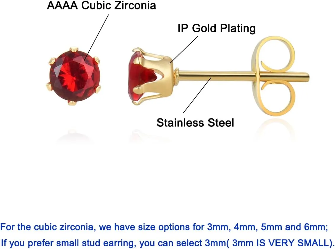 12 Pairs 18K Gold Plated Surgical Stainless Steel Stud Earring, Cubic Zirconia CZ Stud Earrings for Women, Multicolor Birthstone Stud Earrings Set