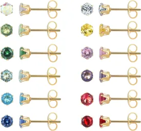 12 Pairs 18K Gold Plated Surgical Stainless Steel Stud Earring, Cubic Zirconia CZ Stud Earrings for Women, Multicolor Birthstone Stud Earrings Set