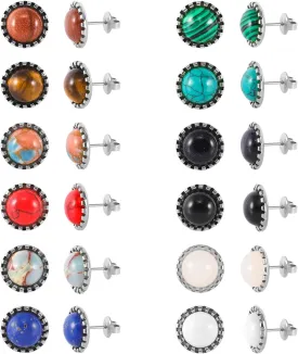 12 Pairs Multi Gemstone Stud Earrings Gold Plated Stainless Steel Turquoise Tiger Eye Onyx Lapis Lazuli Malachite Stone Stud Earrings Set for Women