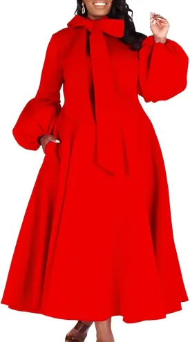 2025 Women's Bow Tie Neck Lantern Sleeve High Waist A-Line Long Dress, Casual Church Dresses with Pockets