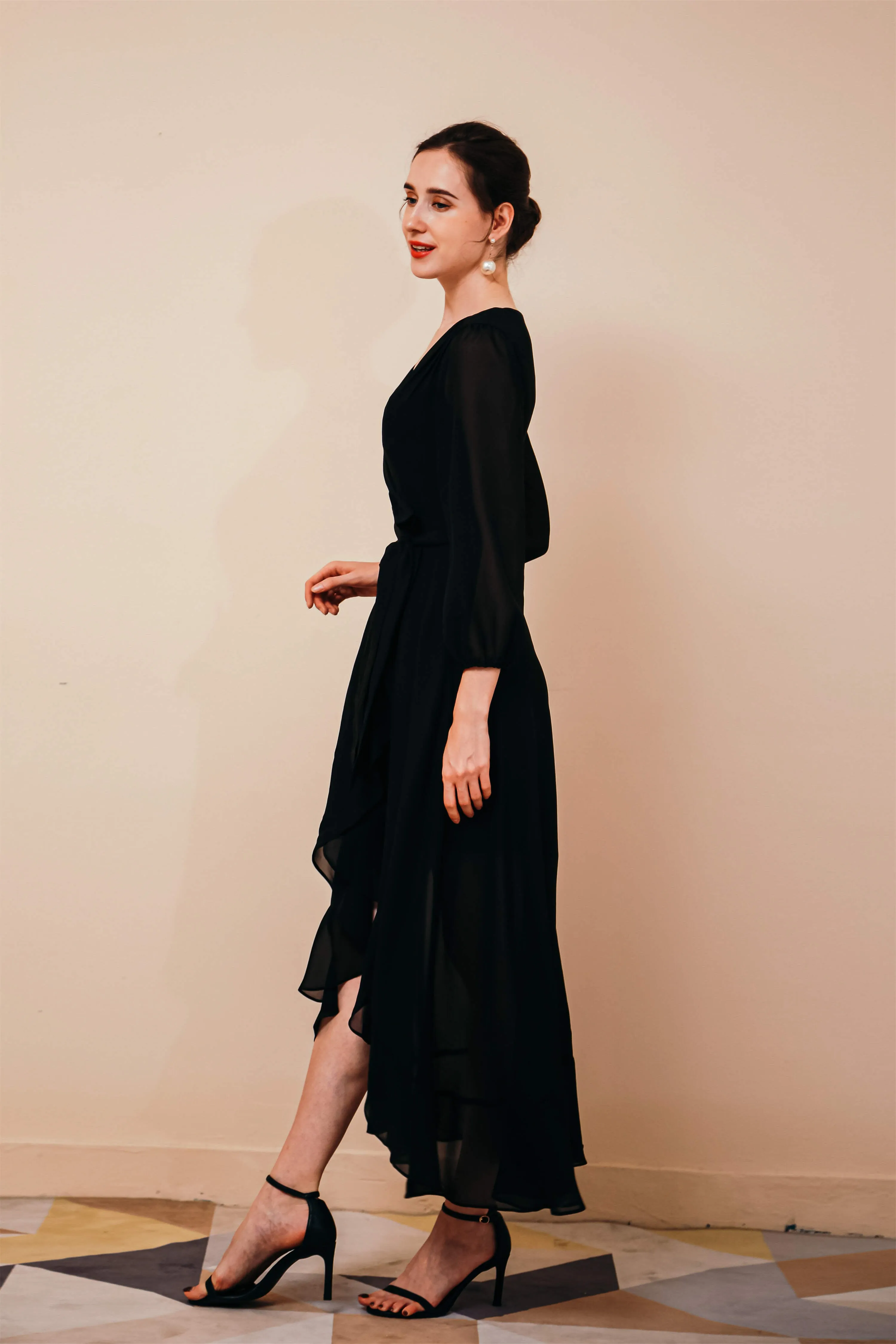 A-Line V-Neck Long Sleeves Chiffon High Low Sash Prom Dresses