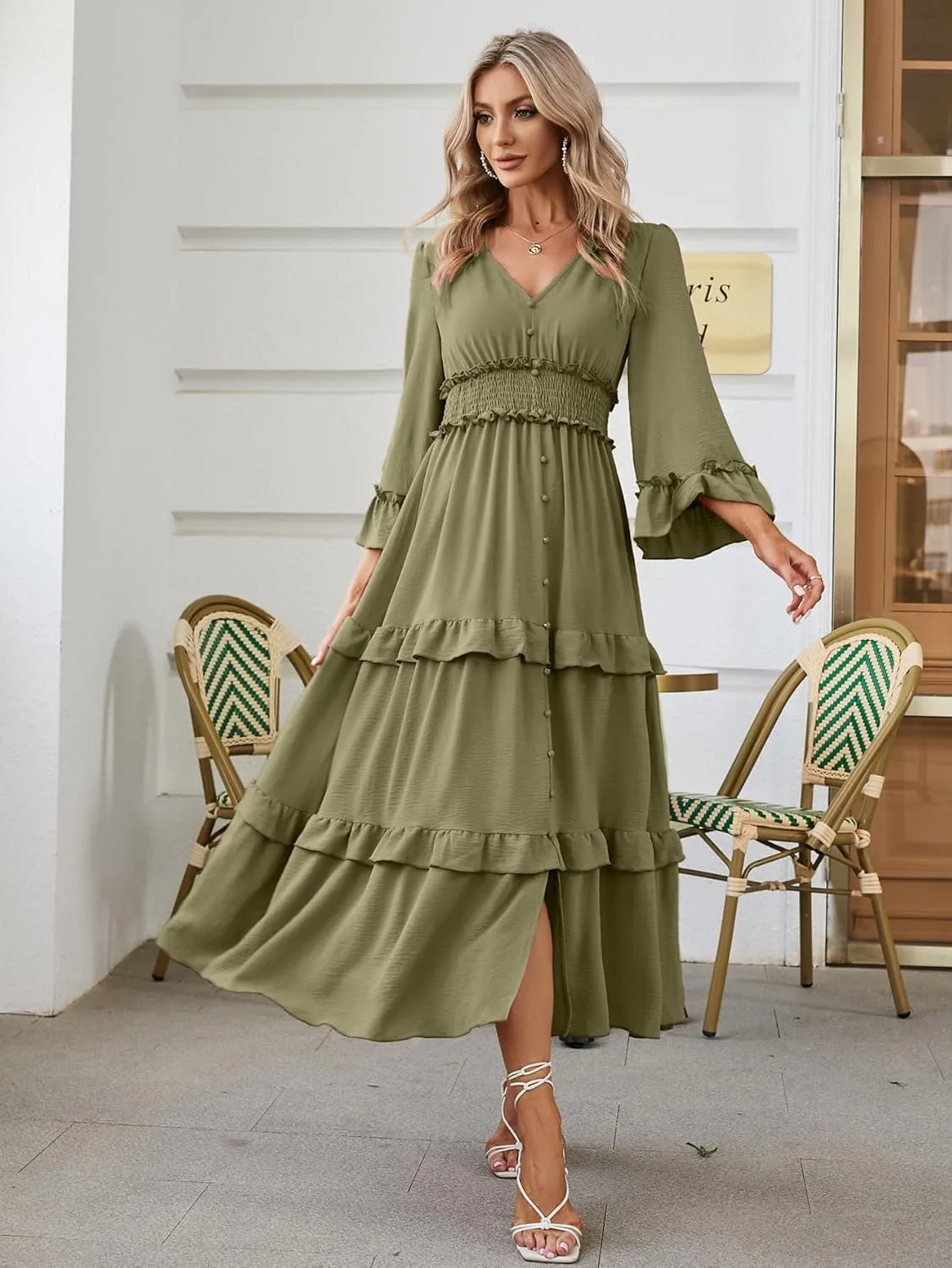 Amegoya Women's V Neck Long Sleeve Boho Maxi Dress Summer Wedding Guest Long Flowy Engagement Dresses