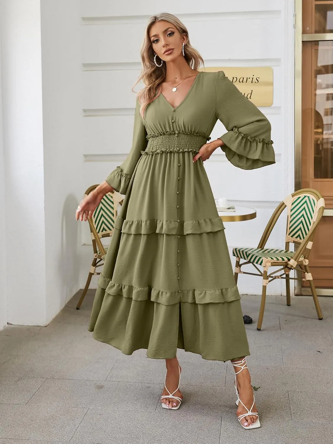 Amegoya Women's V Neck Long Sleeve Boho Maxi Dress Summer Wedding Guest Long Flowy Engagement Dresses