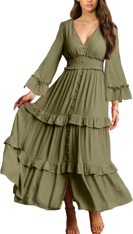 Amegoya Women's V Neck Long Sleeve Boho Maxi Dress Summer Wedding Guest Long Flowy Engagement Dresses