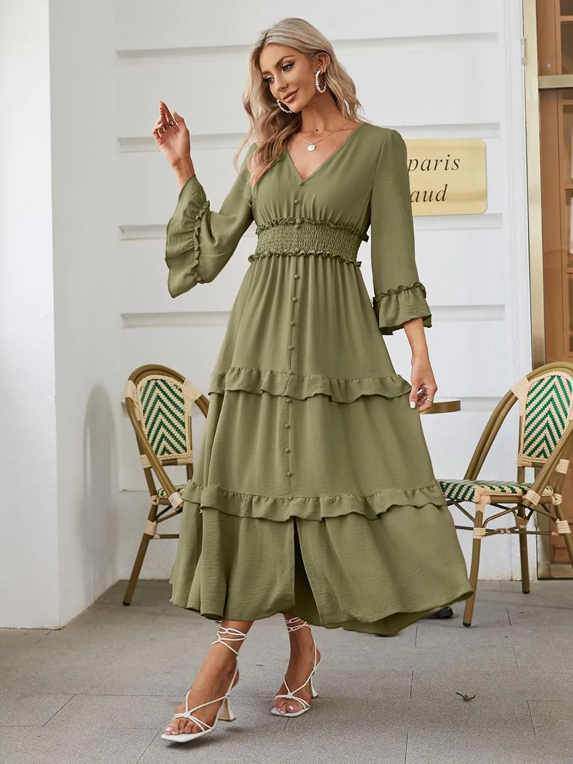 Amegoya Women's V Neck Long Sleeve Boho Maxi Dress Summer Wedding Guest Long Flowy Engagement Dresses