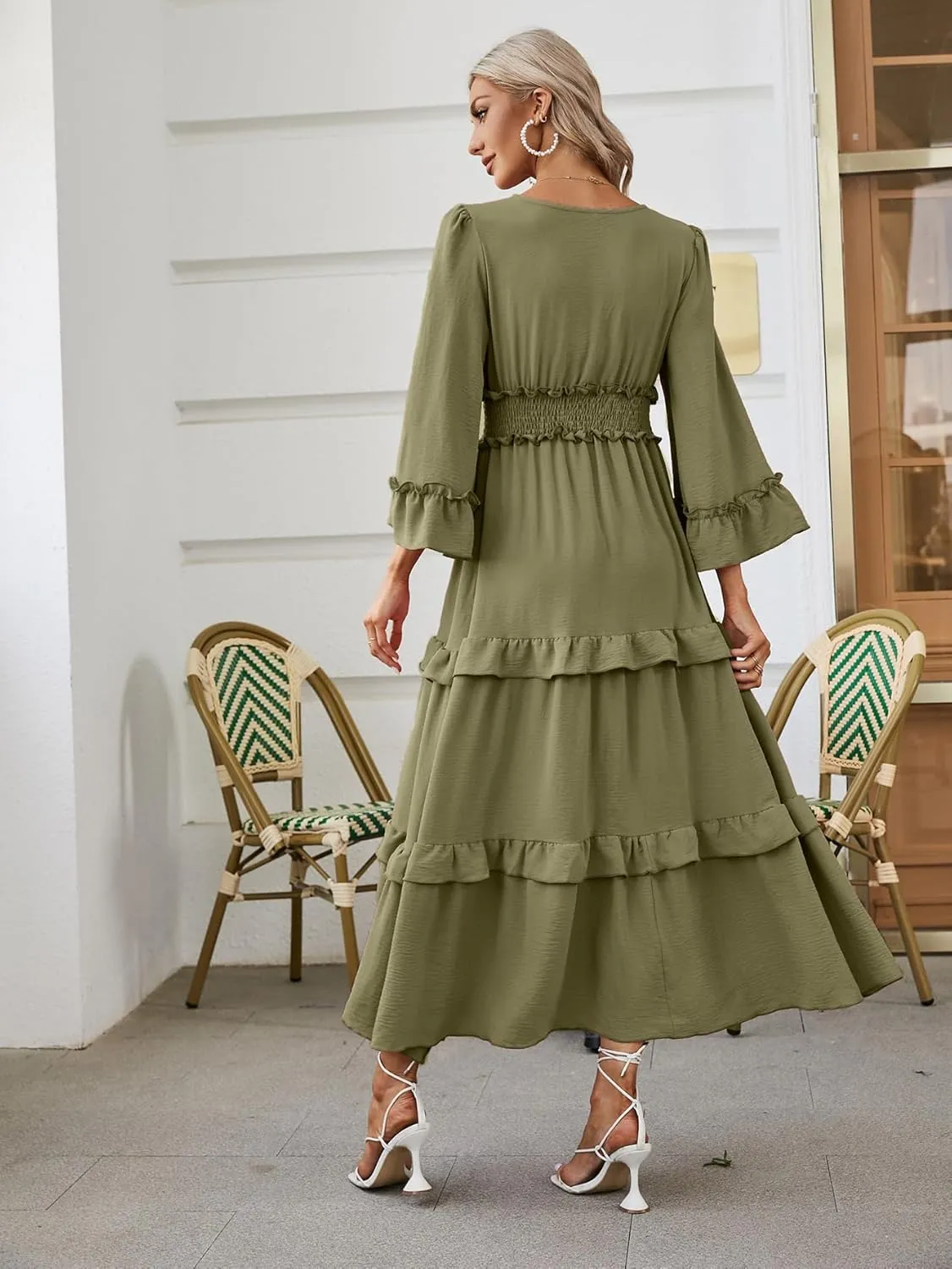 Amegoya Women's V Neck Long Sleeve Boho Maxi Dress Summer Wedding Guest Long Flowy Engagement Dresses
