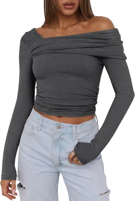 ANRABESS Womens One Off Shoulder Shirts Long Sleeve Going Out Crop Tops Ruched Tight Casual Blouse 2025 Trendy