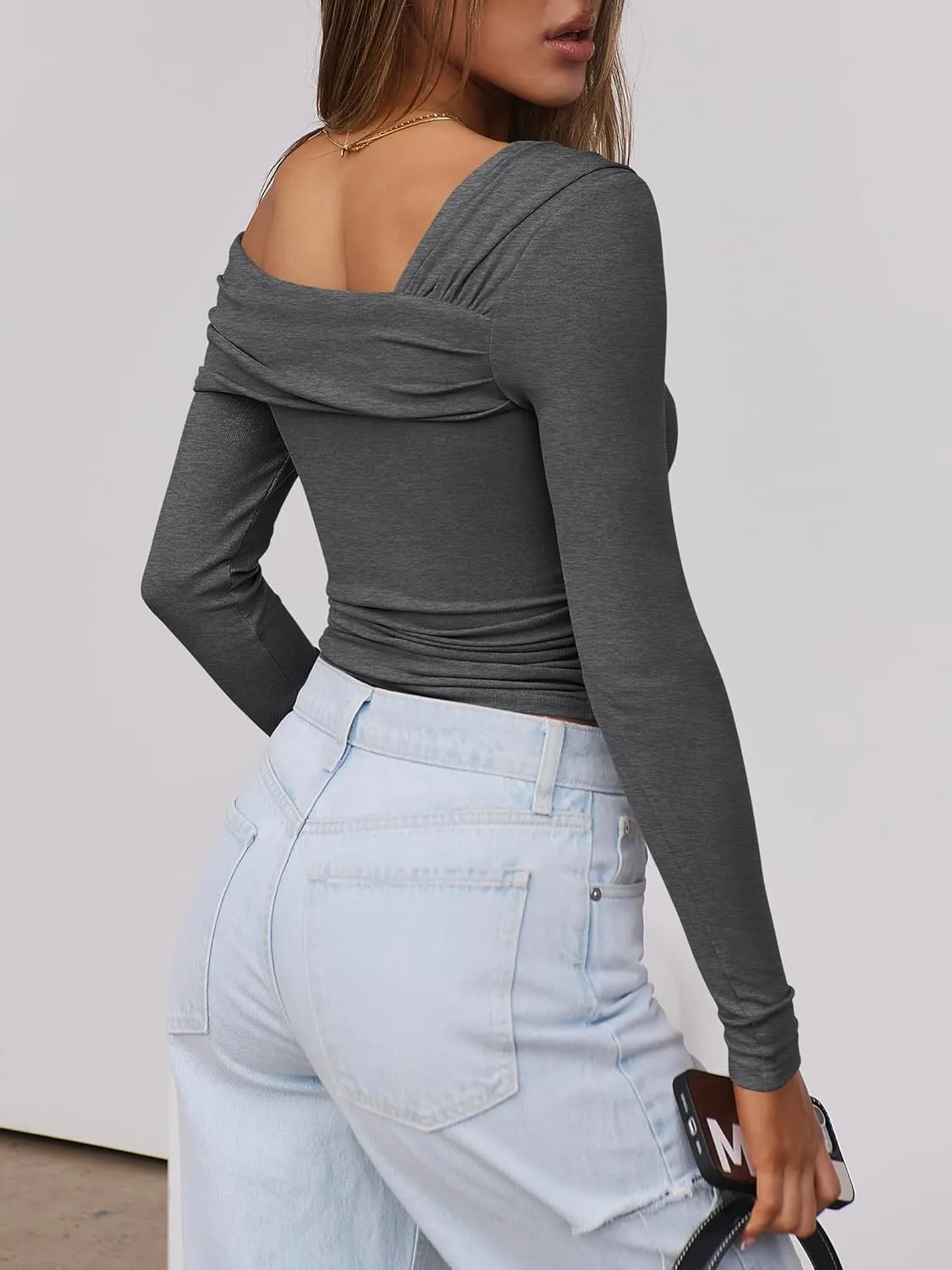 ANRABESS Womens One Off Shoulder Shirts Long Sleeve Going Out Crop Tops Ruched Tight Casual Blouse 2025 Trendy
