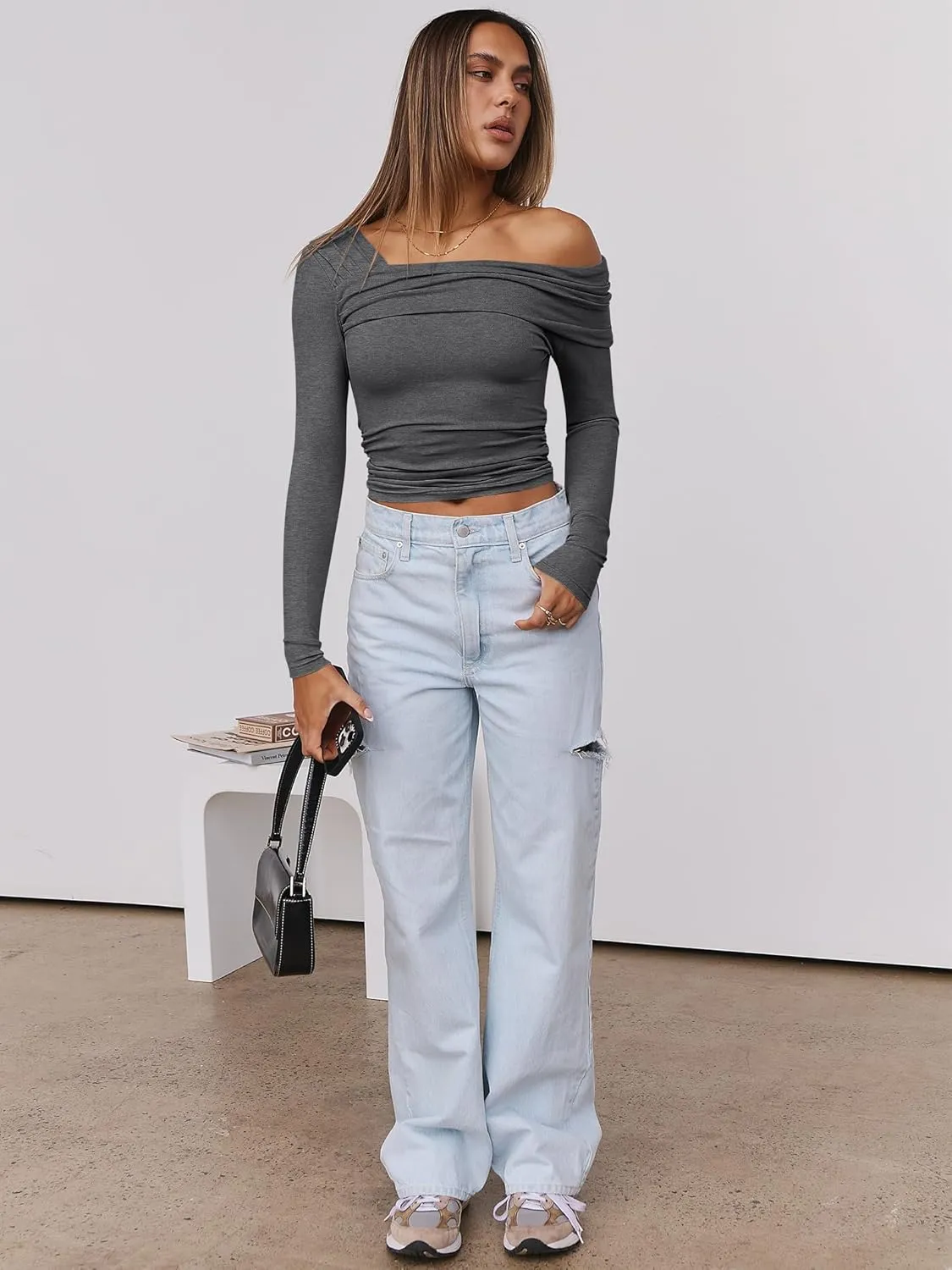 ANRABESS Womens One Off Shoulder Shirts Long Sleeve Going Out Crop Tops Ruched Tight Casual Blouse 2025 Trendy