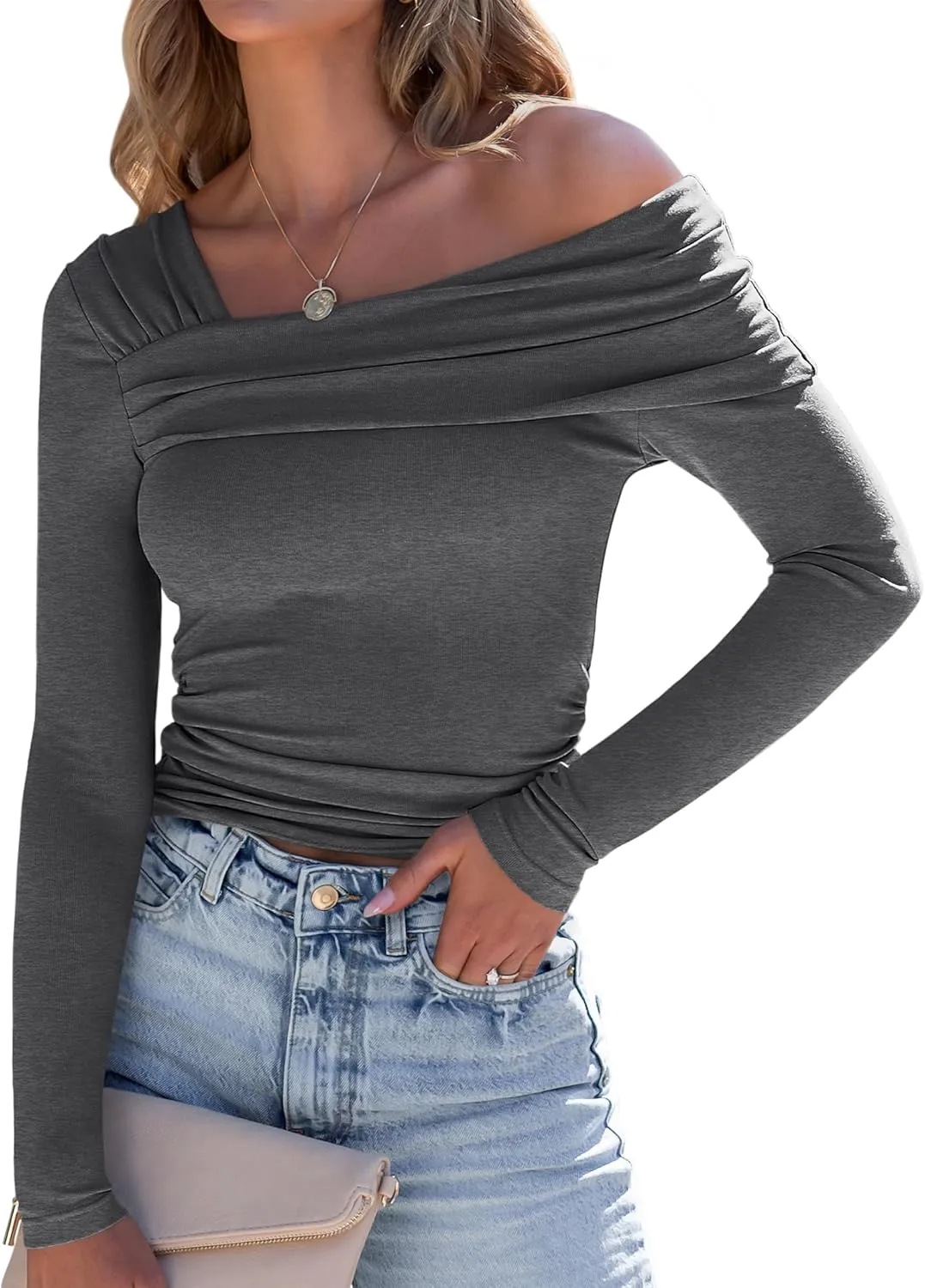 ANRABESS Womens One Off Shoulder Shirts Long Sleeve Going Out Crop Tops Ruched Tight Casual Blouse 2025 Trendy
