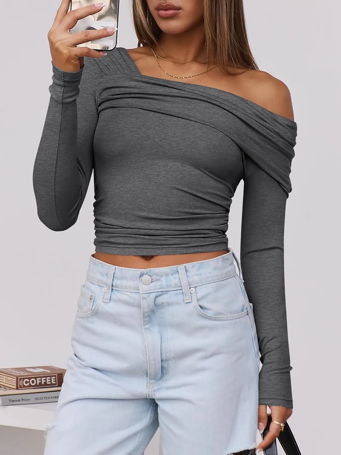 ANRABESS Womens One Off Shoulder Shirts Long Sleeve Going Out Crop Tops Ruched Tight Casual Blouse 2025 Trendy