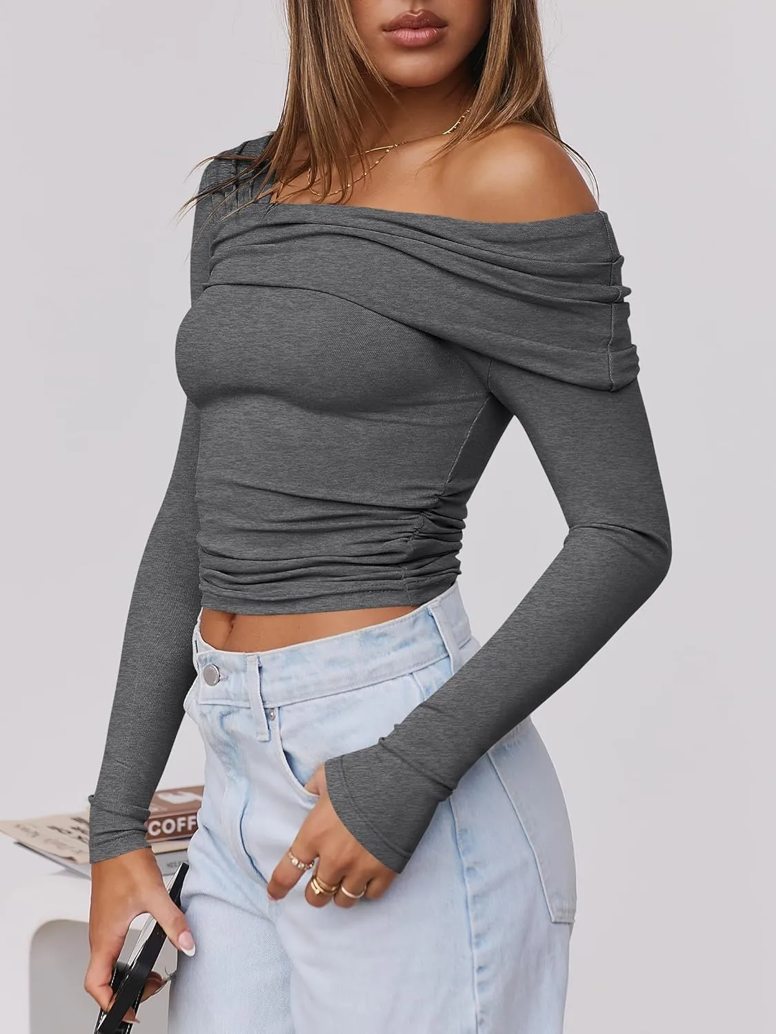 ANRABESS Womens One Off Shoulder Shirts Long Sleeve Going Out Crop Tops Ruched Tight Casual Blouse 2025 Trendy