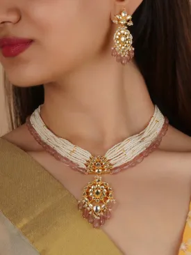 Baby Pink Color Gold Plated Jadau Kundan Necklace Set - MS2285Y