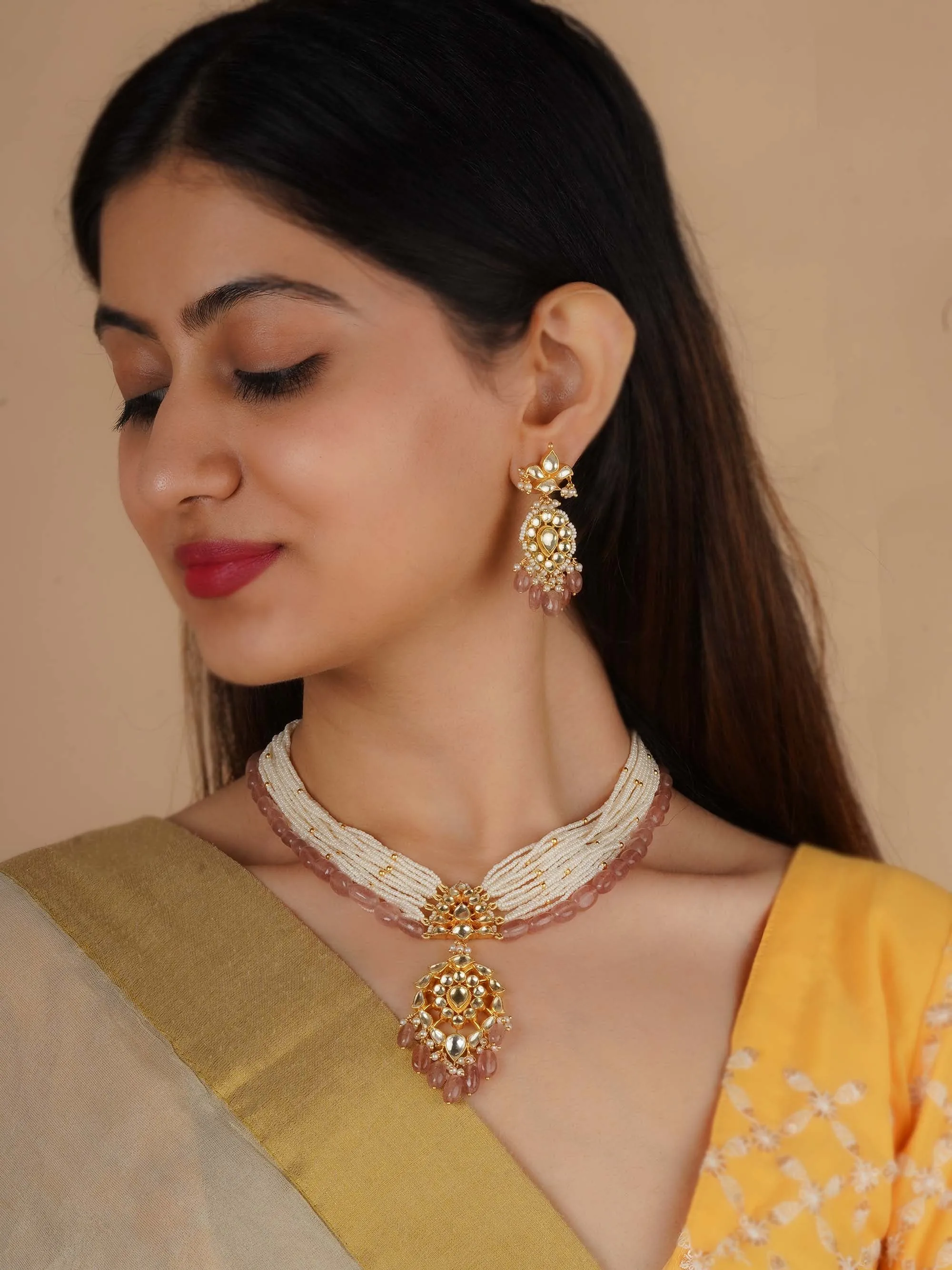 Baby Pink Color Gold Plated Jadau Kundan Necklace Set - MS2285Y