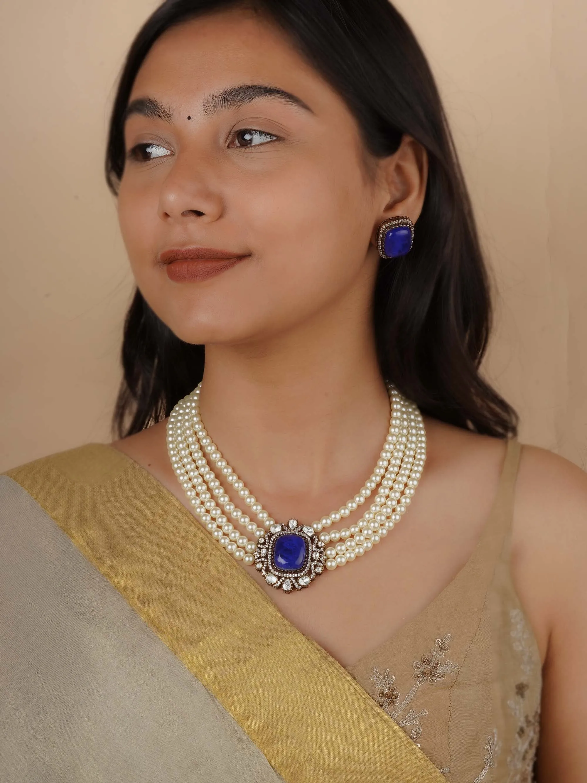 Blue Color Faux Polki Necklace Set - PK-S147BL