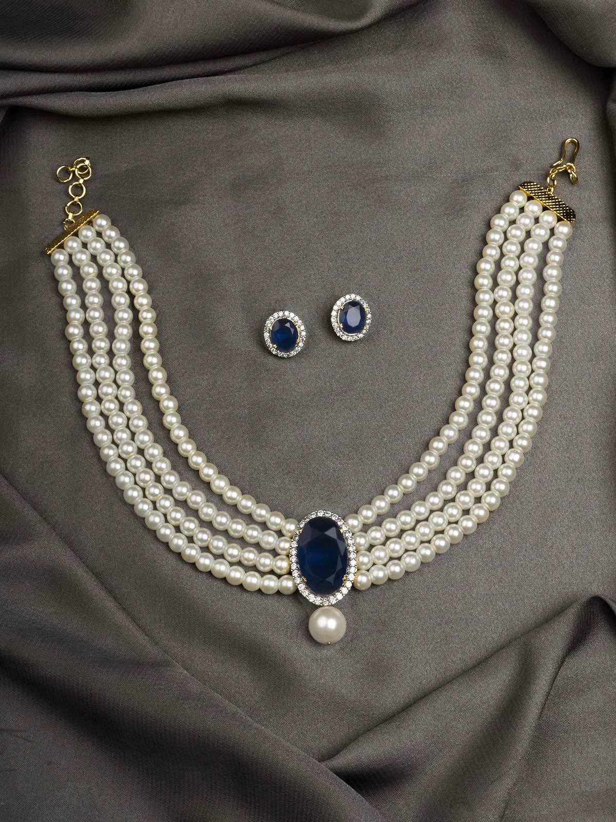 Blue Color Gold Plated Faux Diamond Necklace Set - CZSET139BL