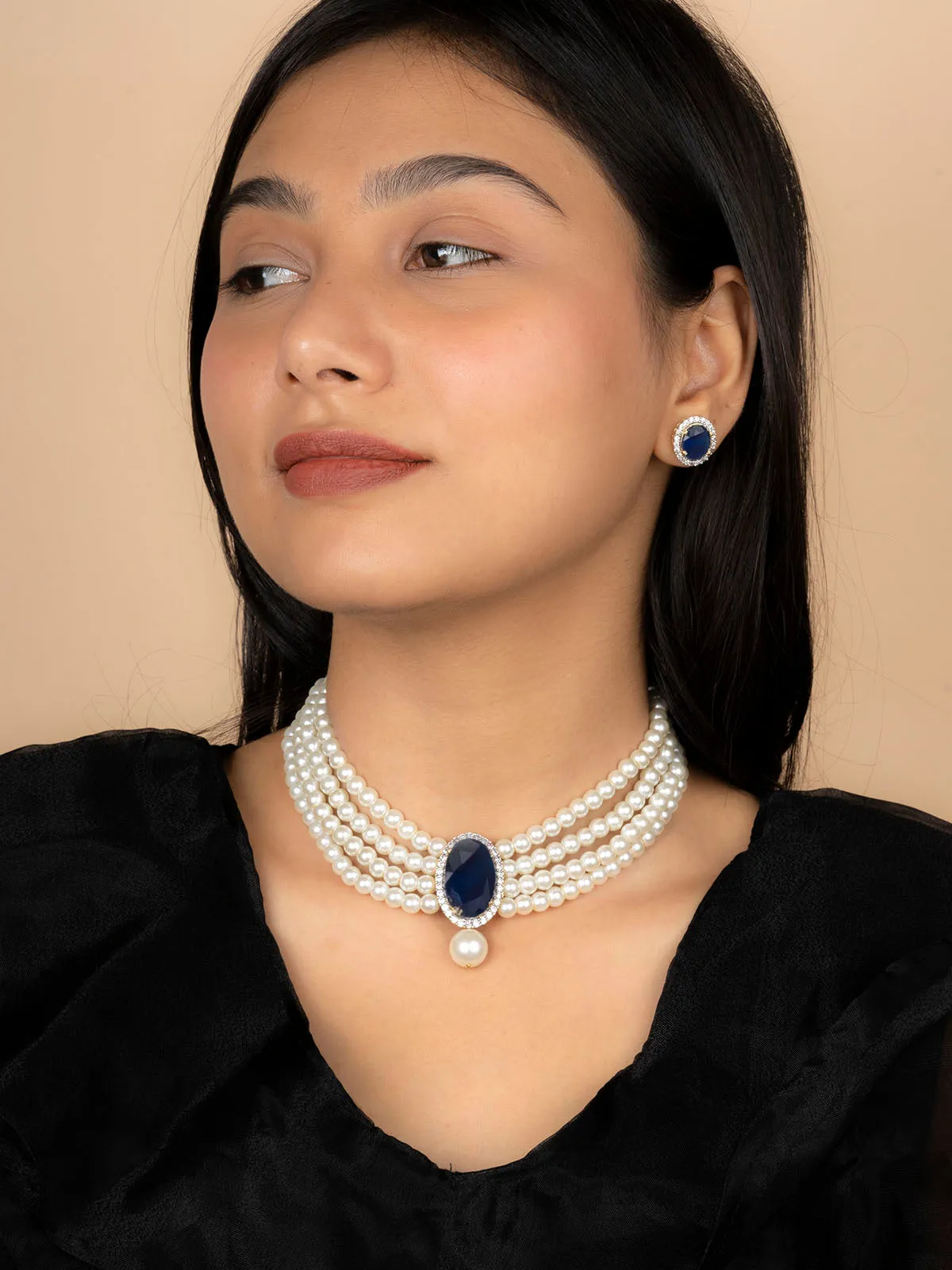 Blue Color Gold Plated Faux Diamond Necklace Set - CZSET139BL