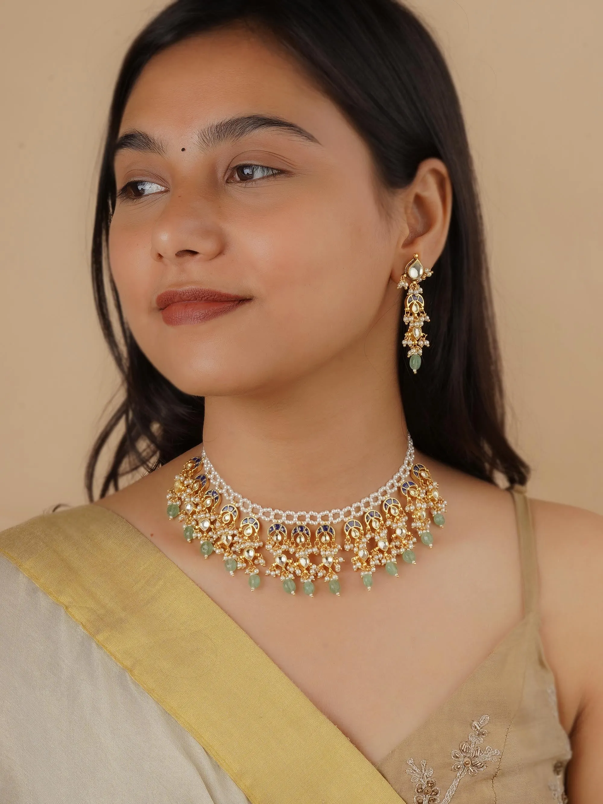 Blue Color Gold Plated Jadau Kundan Necklace Set - MS2148YBL