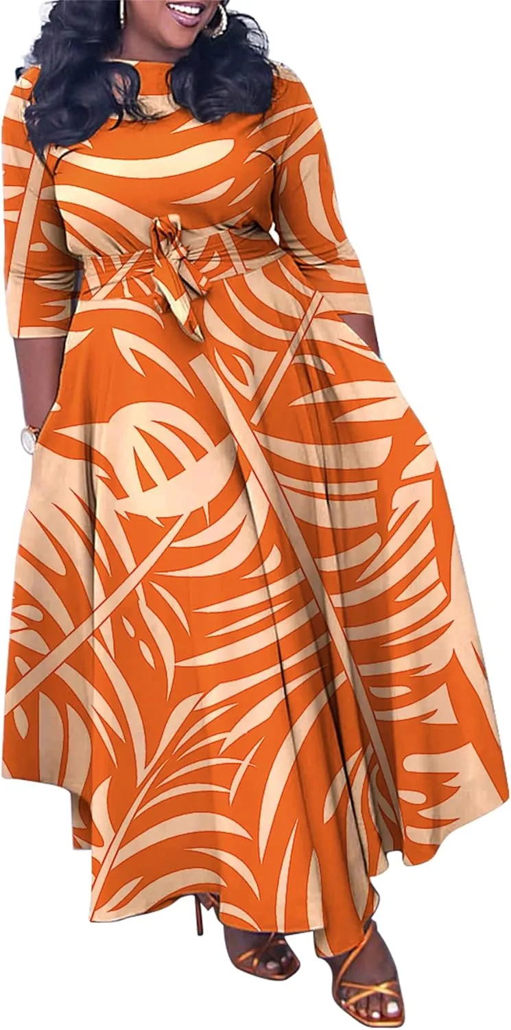 Casual Floral Print Plus Size Maxi Dress for Women 3/4 Sleeve High Waist Flowy Ruffle Fall Dresses with Belt