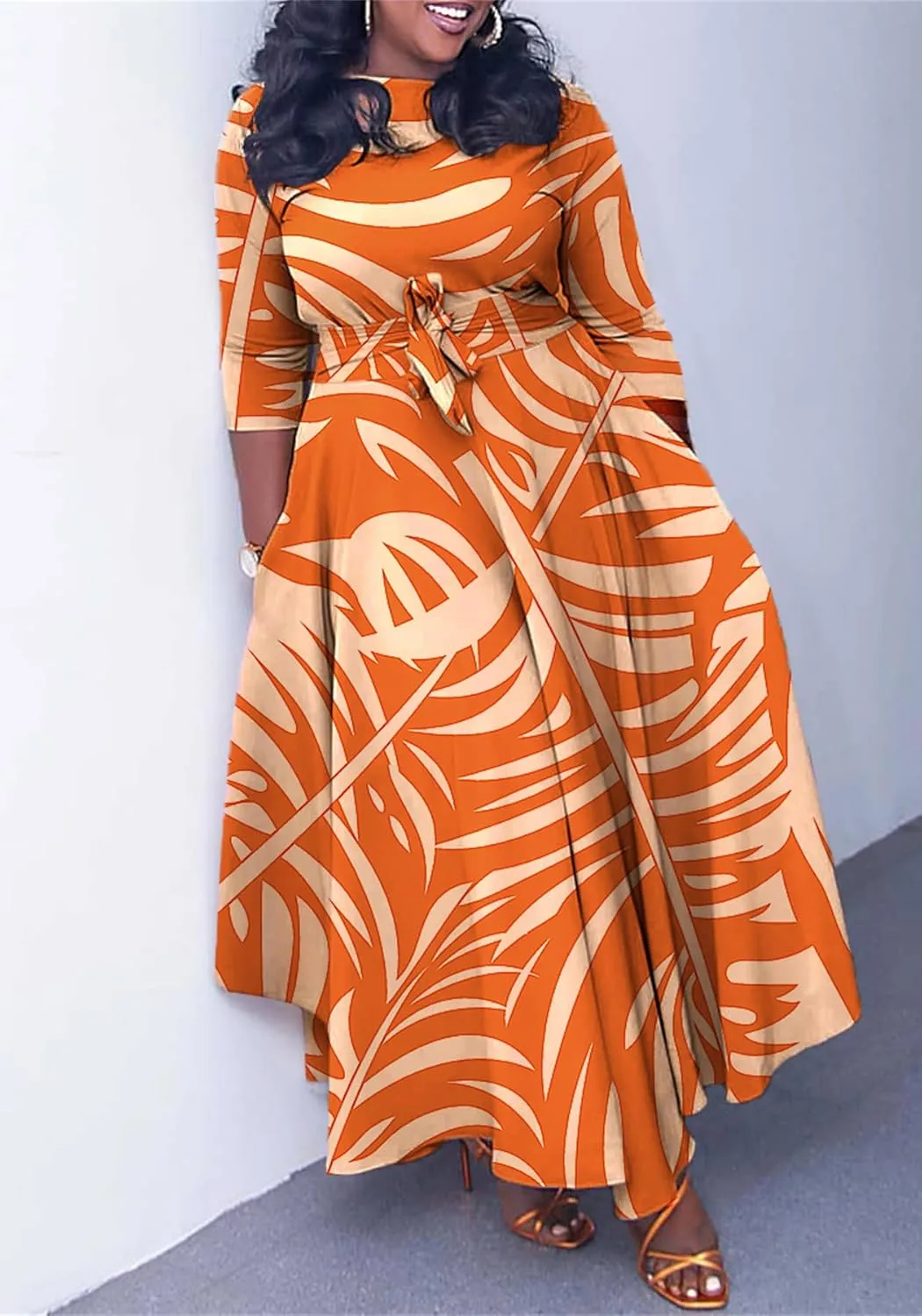 Casual Floral Print Plus Size Maxi Dress for Women 3/4 Sleeve High Waist Flowy Ruffle Fall Dresses with Belt