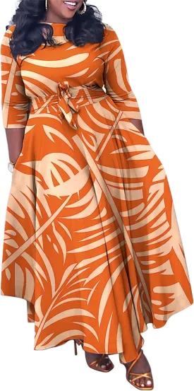 Casual Floral Print Plus Size Maxi Dress for Women 3/4 Sleeve High Waist Flowy Ruffle Fall Dresses with Belt