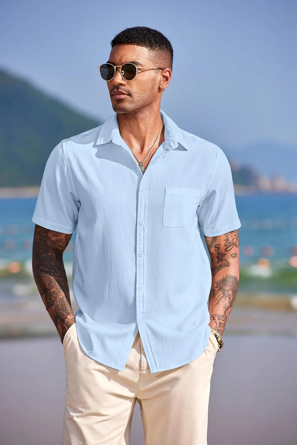 COOFANDY Men's Casual Short Sleeve Button Down Summer Beach Shirt Lightweight Textured Wrinkle Free Untucked Shirts