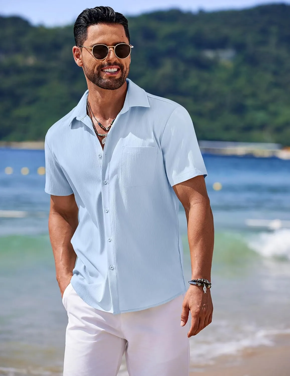 COOFANDY Men's Casual Short Sleeve Button Down Summer Beach Shirt Lightweight Textured Wrinkle Free Untucked Shirts