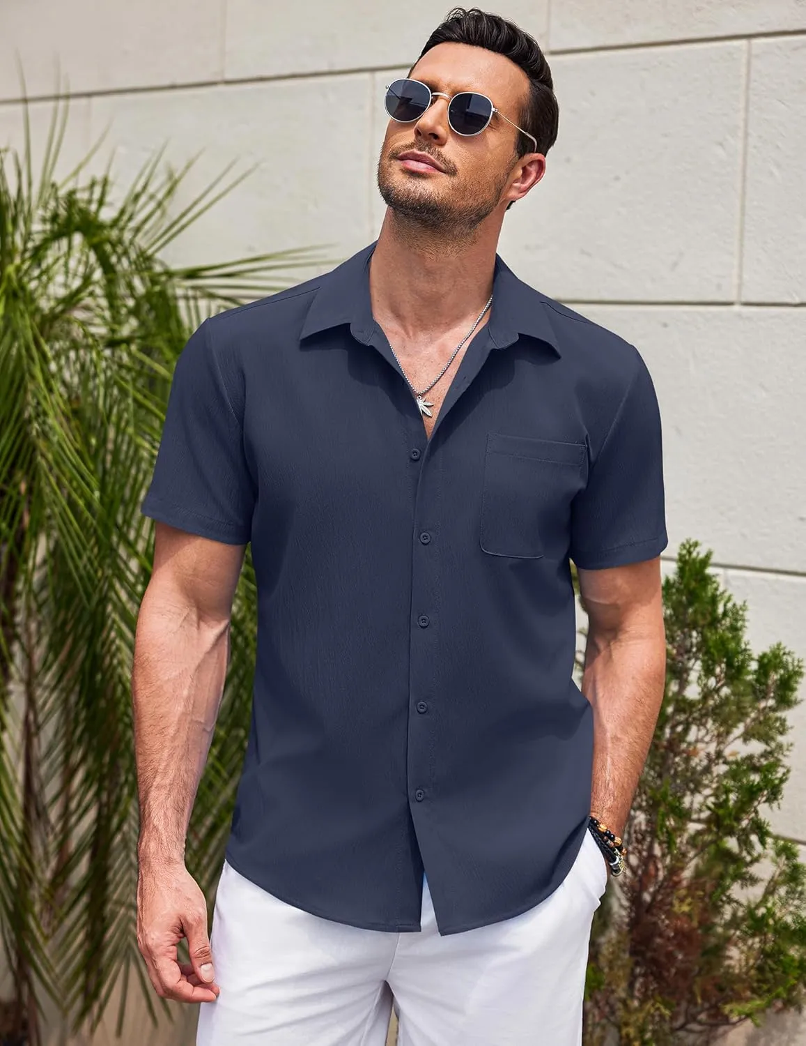 COOFANDY Men's Casual Short Sleeve Button Down Summer Beach Shirt Lightweight Textured Wrinkle Free Untucked Shirts
