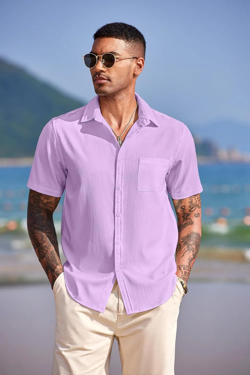 COOFANDY Men's Casual Short Sleeve Button Down Summer Beach Shirt Lightweight Textured Wrinkle Free Untucked Shirts