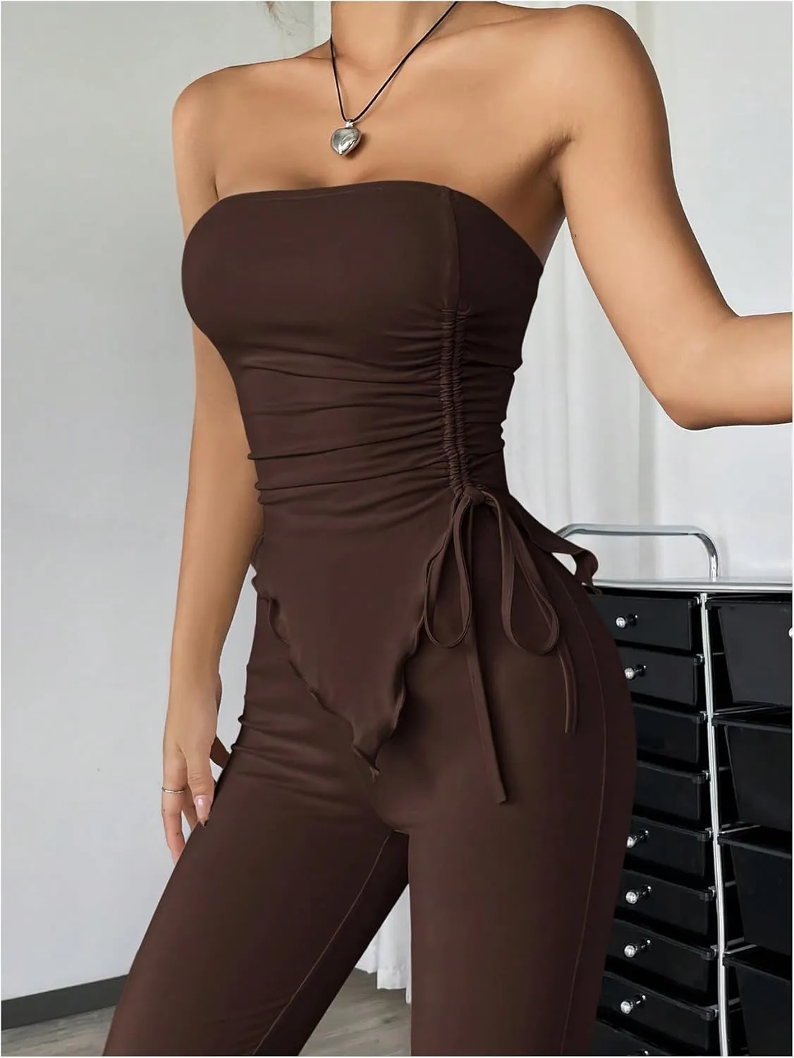 COZYEASE Women's 2 Piece Outfits Ruched Drawstring Strapless Tube Top and Lettuce Trim Flared Pants Set