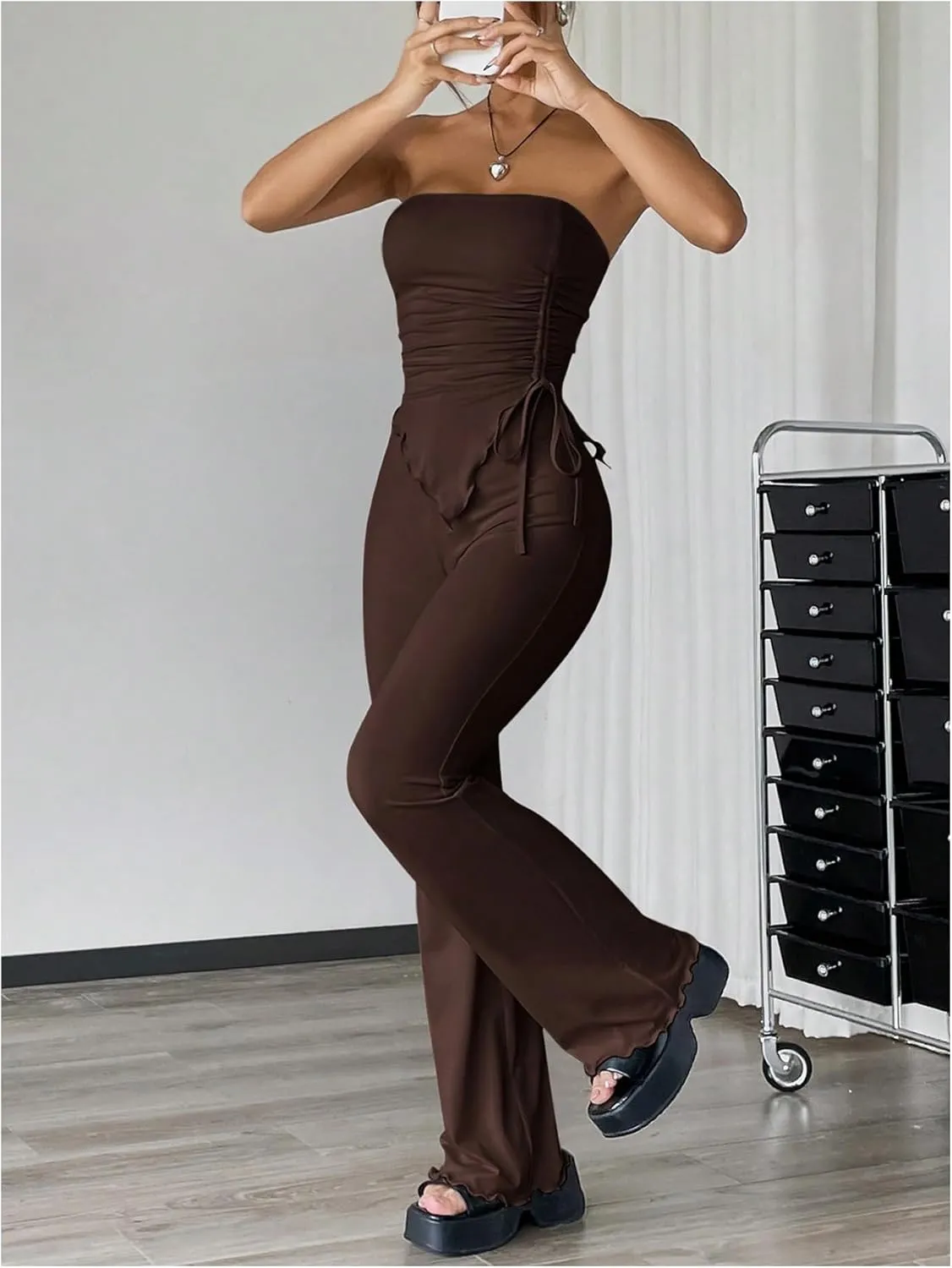 COZYEASE Women's 2 Piece Outfits Ruched Drawstring Strapless Tube Top and Lettuce Trim Flared Pants Set
