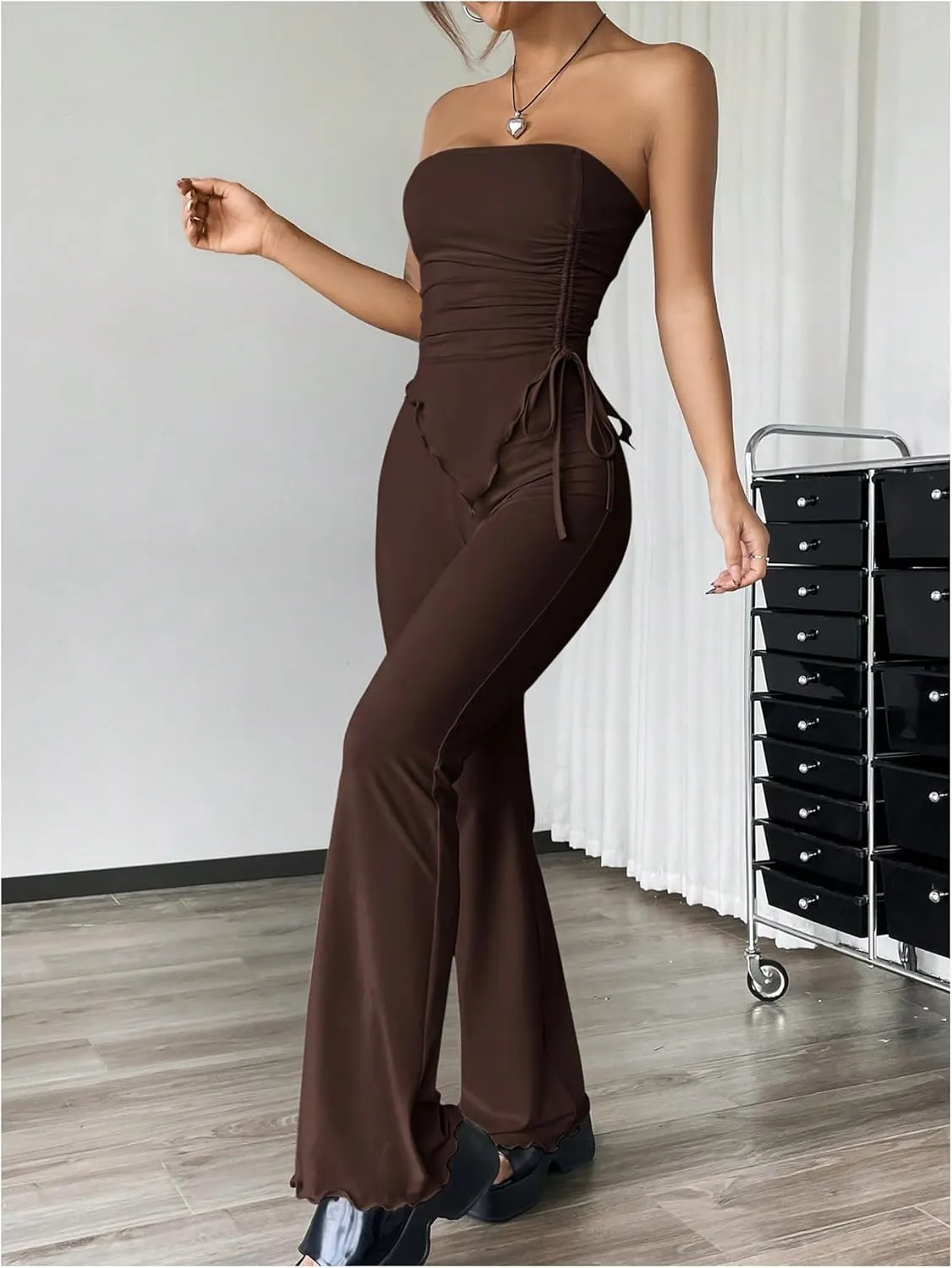 COZYEASE Women's 2 Piece Outfits Ruched Drawstring Strapless Tube Top and Lettuce Trim Flared Pants Set