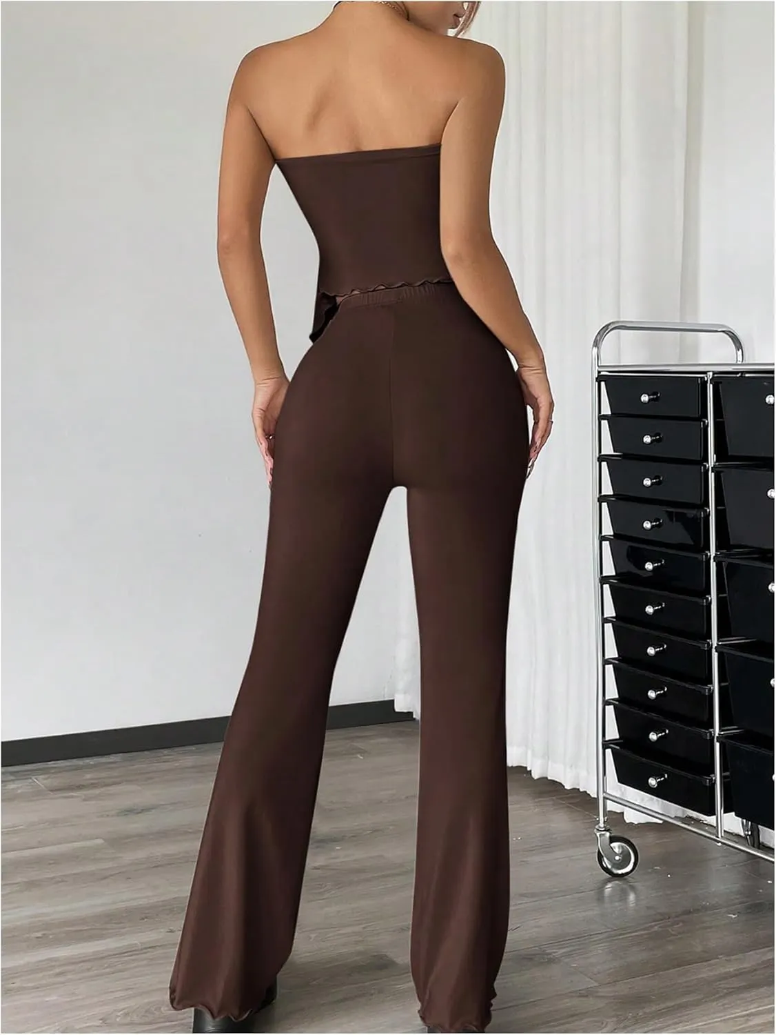 COZYEASE Women's 2 Piece Outfits Ruched Drawstring Strapless Tube Top and Lettuce Trim Flared Pants Set