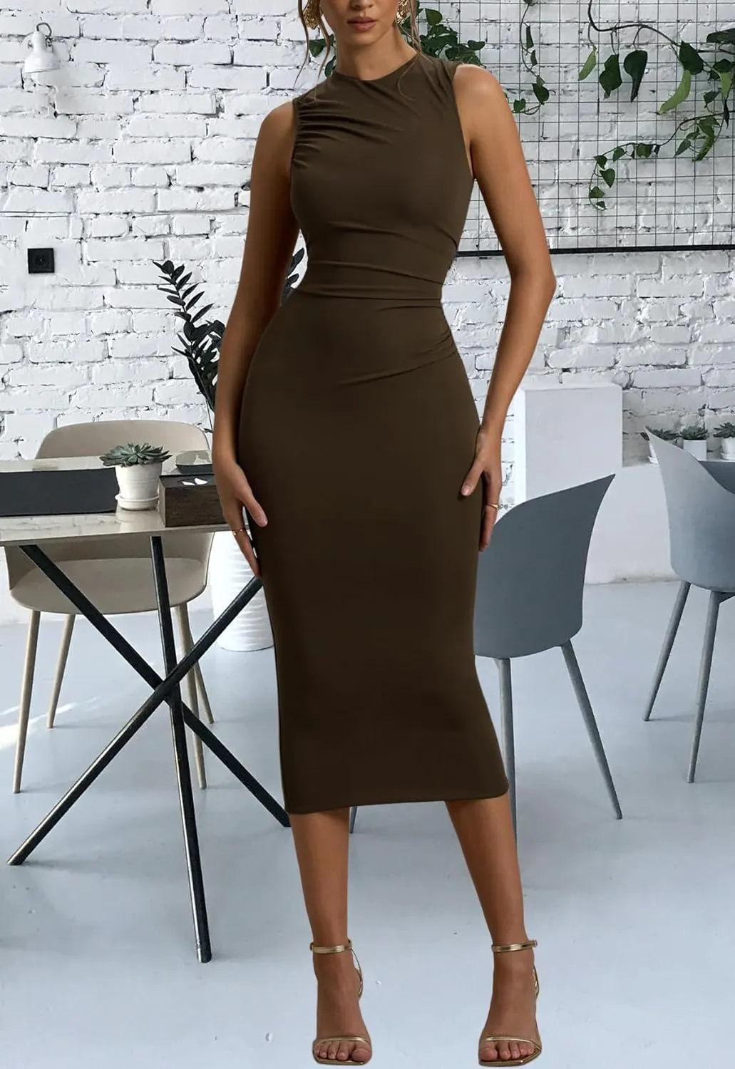FairBeauty Women's Bodycon Tank Dress Crew Neck Sleeveless Casual Ruched Pencil Midi Dresses