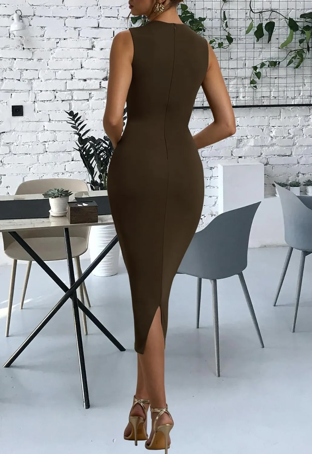 FairBeauty Women's Bodycon Tank Dress Crew Neck Sleeveless Casual Ruched Pencil Midi Dresses