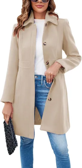 Fisoew Women's Elegant Single Breasted Coat Long Sleeve Mid Winter Overcoat Work Office Pea Coats