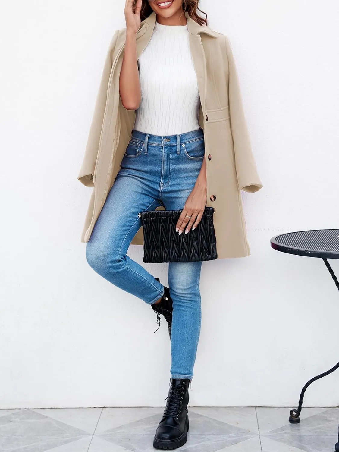 Fisoew Women's Elegant Single Breasted Coat Long Sleeve Mid Winter Overcoat Work Office Pea Coats