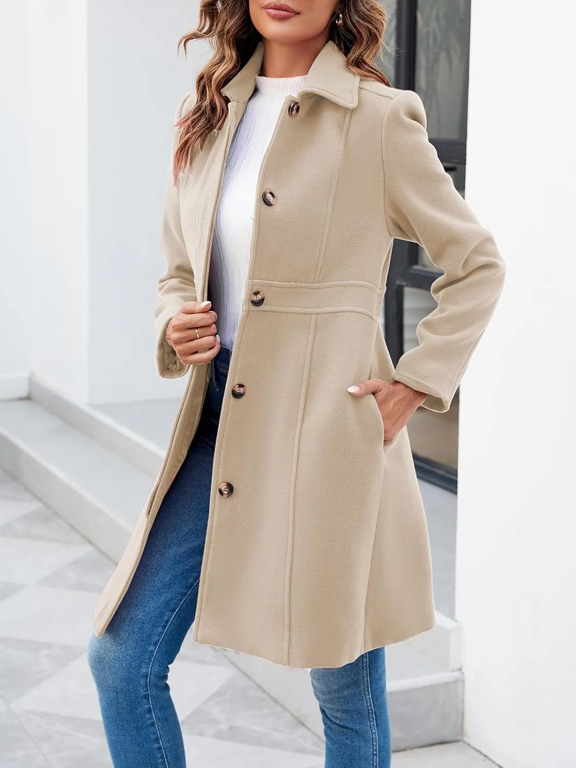 Fisoew Women's Elegant Single Breasted Coat Long Sleeve Mid Winter Overcoat Work Office Pea Coats
