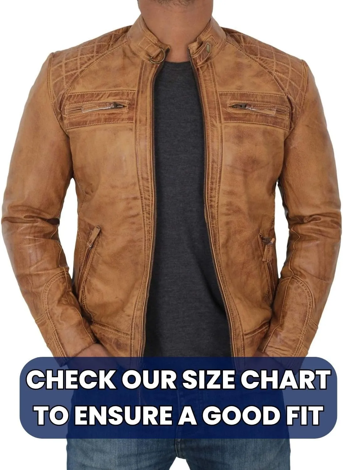 fjackets Real Lambskin Mens Leather Jackets - Quilted Cafe Racer Zip Up Moto Style Leather Jacket Men