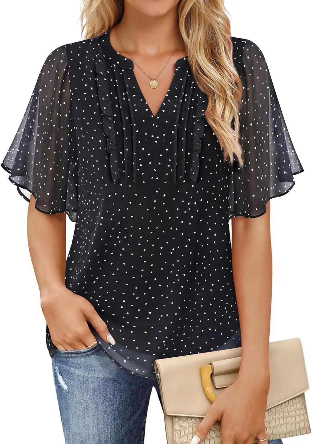 Furnex Womens Blouses Chiffon Ruffle Short Sleeve Tops Summer Pleated V Neck Casual Work Tops