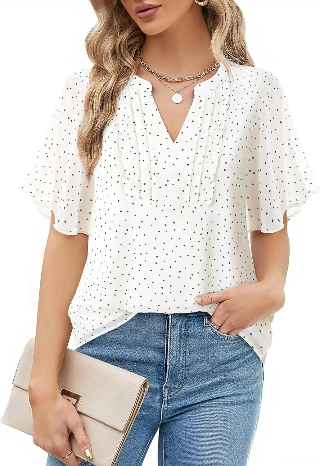 Furnex Womens Blouses Chiffon Ruffle Short Sleeve Tops Summer Pleated V Neck Casual Work Tops