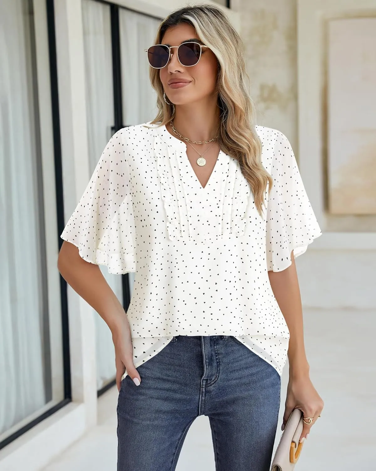 Furnex Womens Blouses Chiffon Ruffle Short Sleeve Tops Summer Pleated V Neck Casual Work Tops