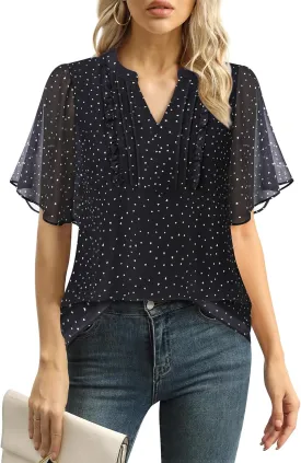 Furnex Womens Blouses Chiffon Ruffle Short Sleeve Tops Summer Pleated V Neck Casual Work Tops