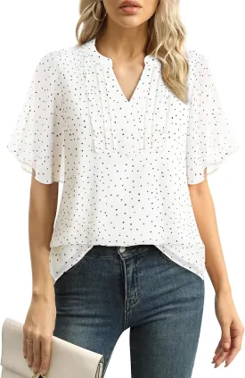 Furnex Womens Blouses Chiffon Ruffle Short Sleeve Tops Summer Pleated V Neck Casual Work Tops
