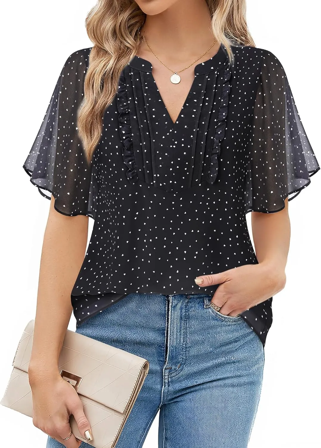 Furnex Womens Blouses Chiffon Ruffle Short Sleeve Tops Summer Pleated V Neck Casual Work Tops