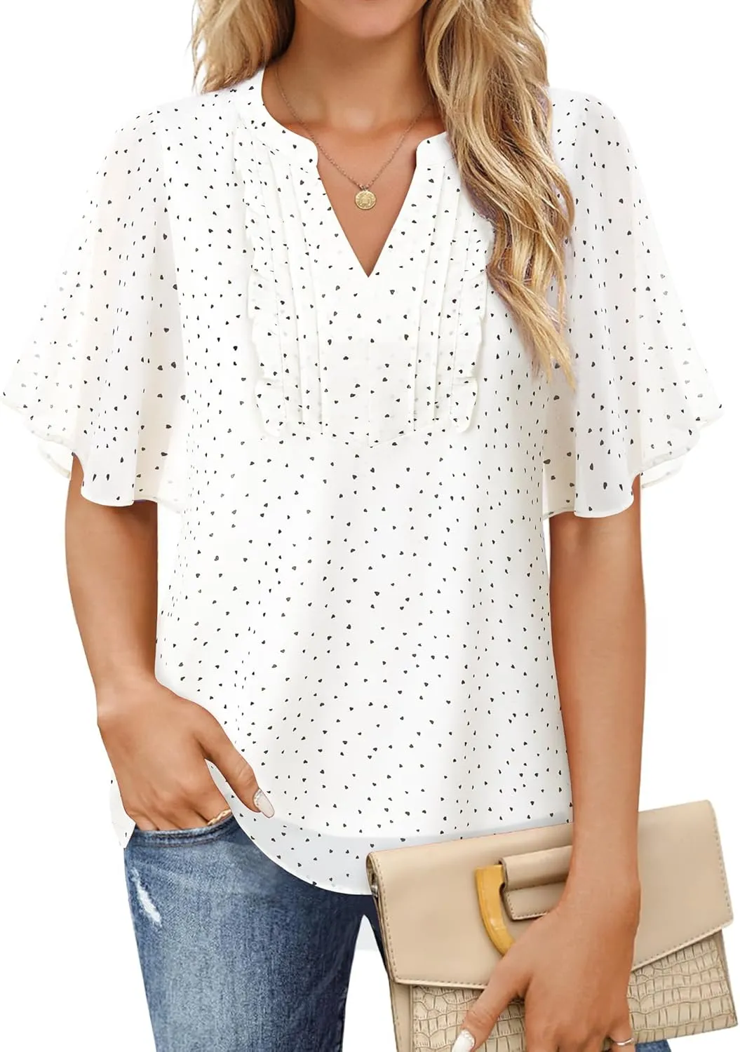 Furnex Womens Blouses Chiffon Ruffle Short Sleeve Tops Summer Pleated V Neck Casual Work Tops