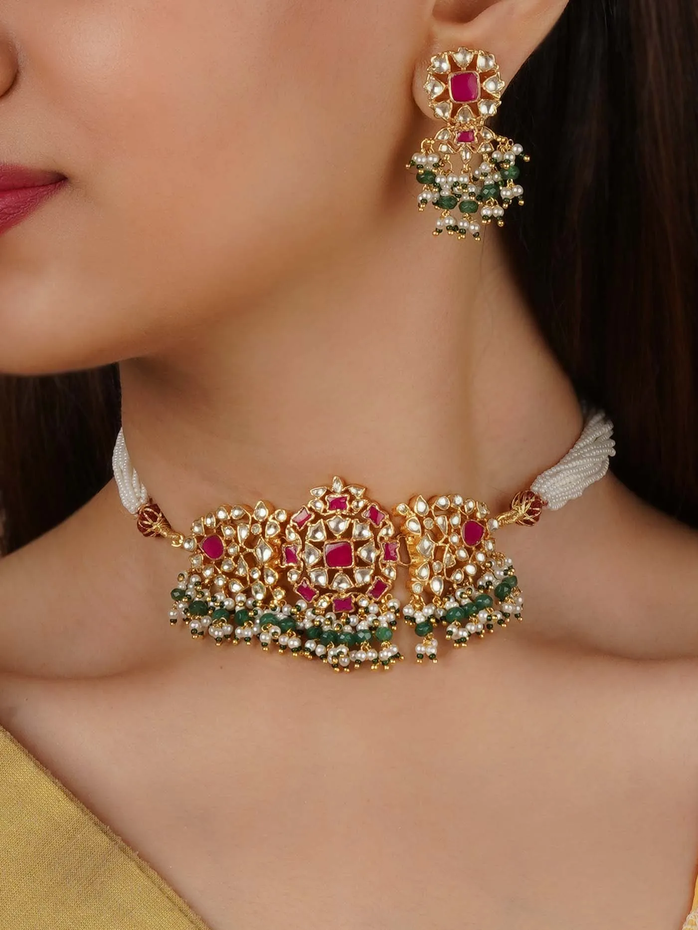 Gold Plated Jadau Kundan Necklace Set - MS2215