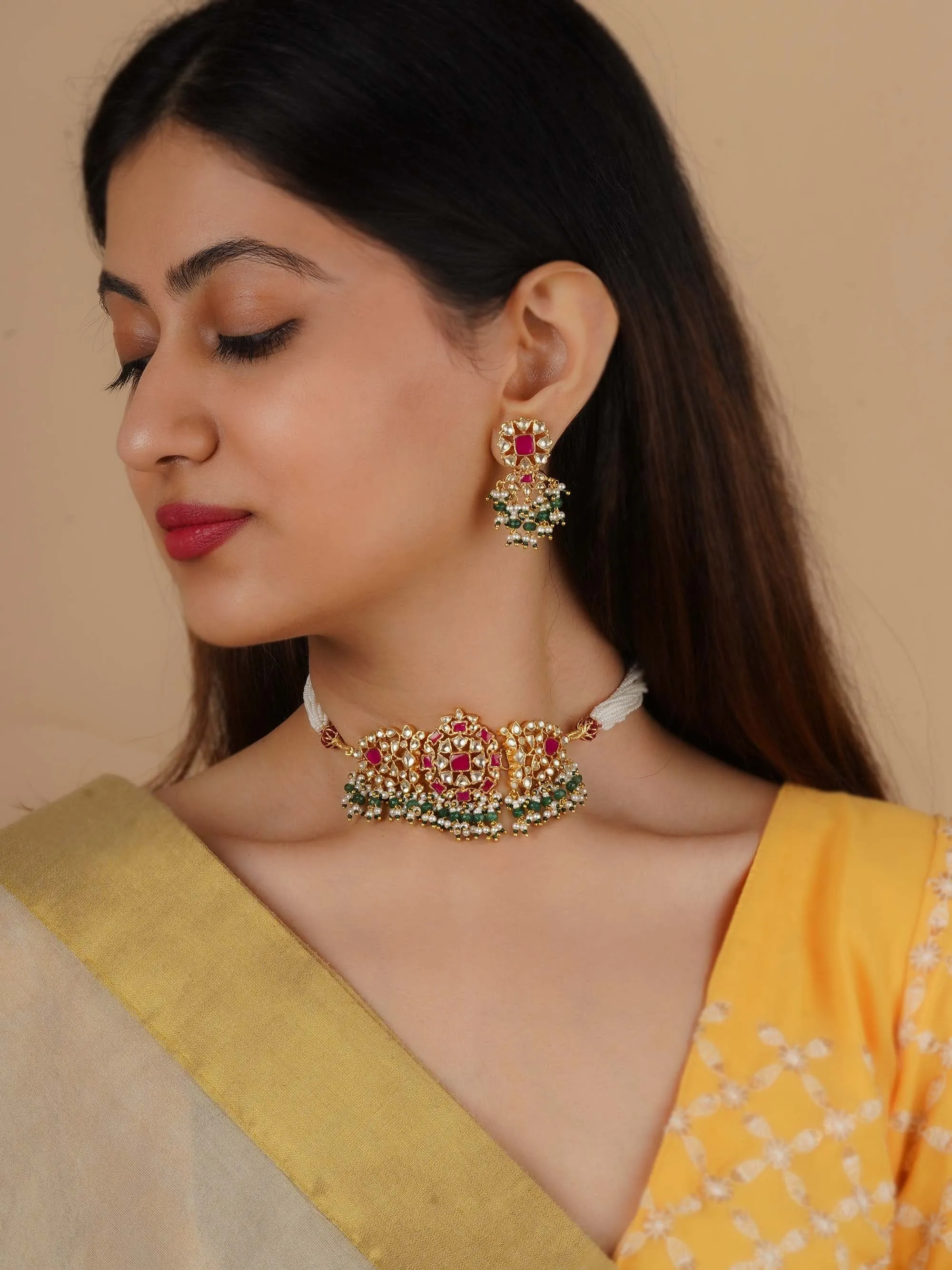 Gold Plated Jadau Kundan Necklace Set - MS2215